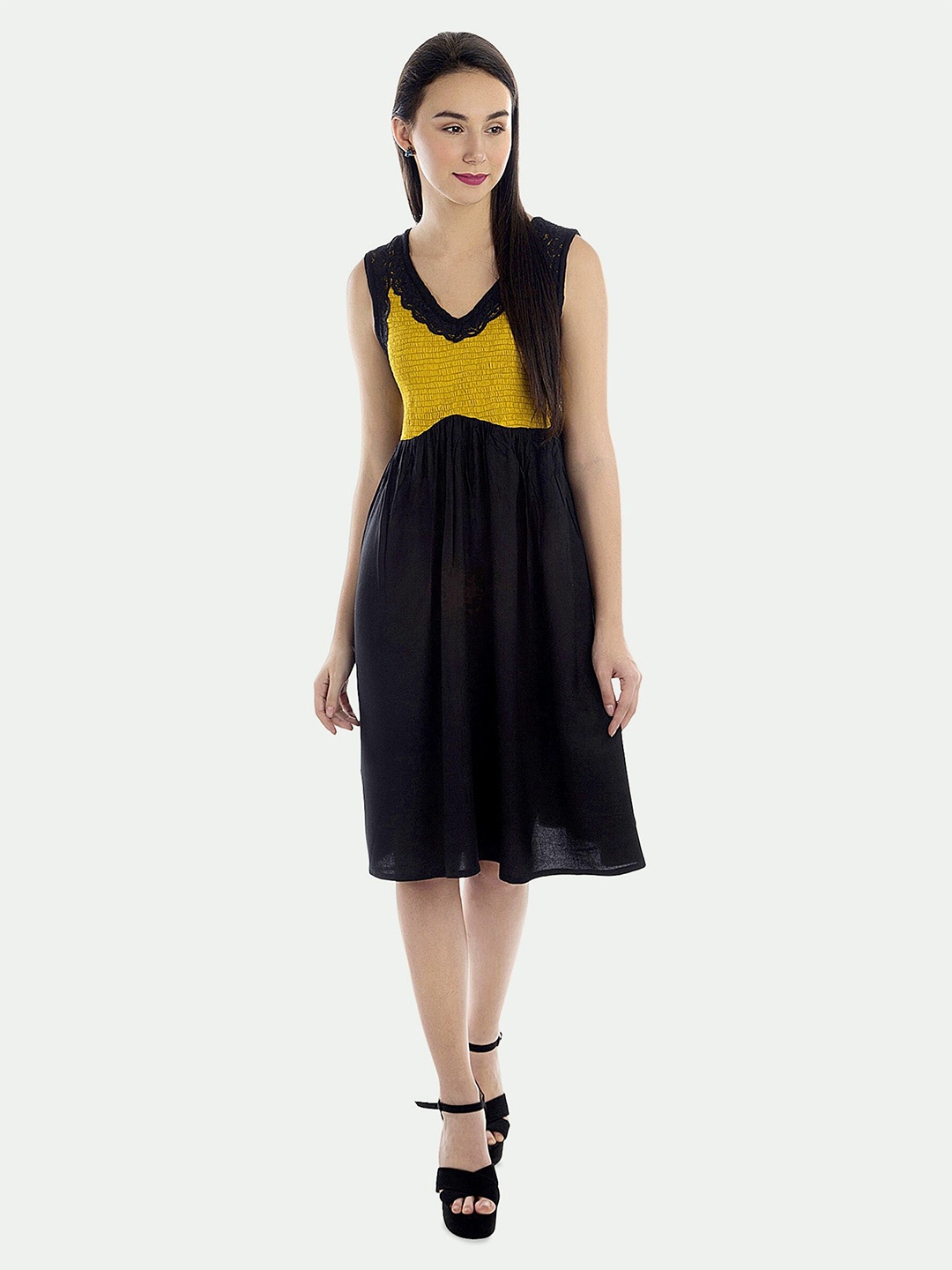 

PATRORNA Embroidered Fit & Flare Dress, Mustard