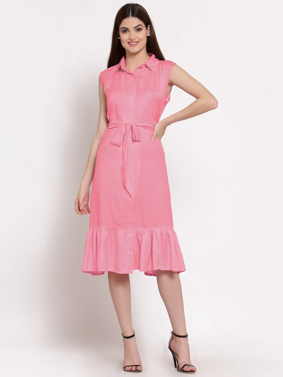 

PATRORNA Shirt Style Flounce Hem Midi Dress, Pink