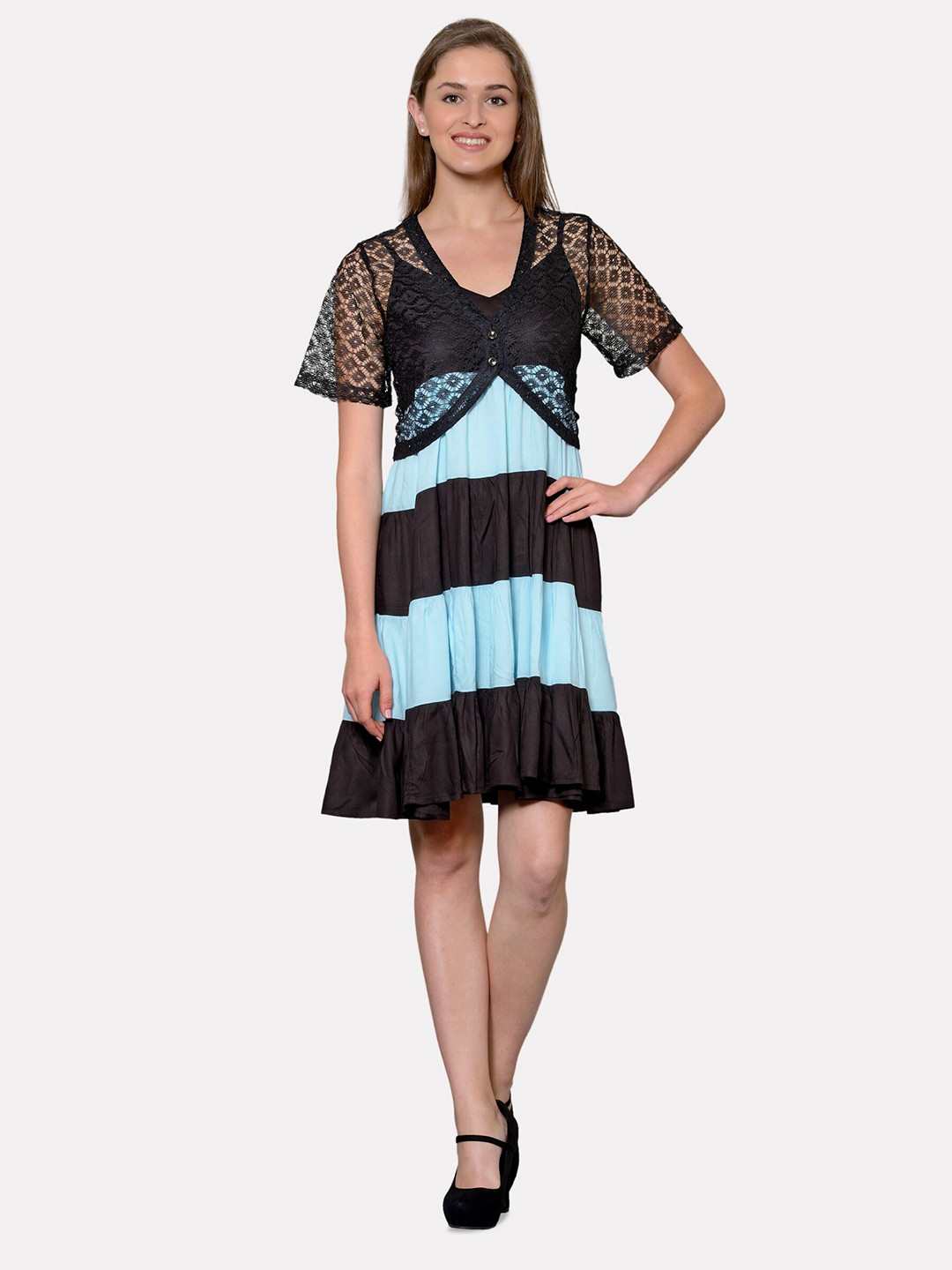 

PATRORNA Colourblocked Tiered Fit & Flare Dress With Shrug, Black