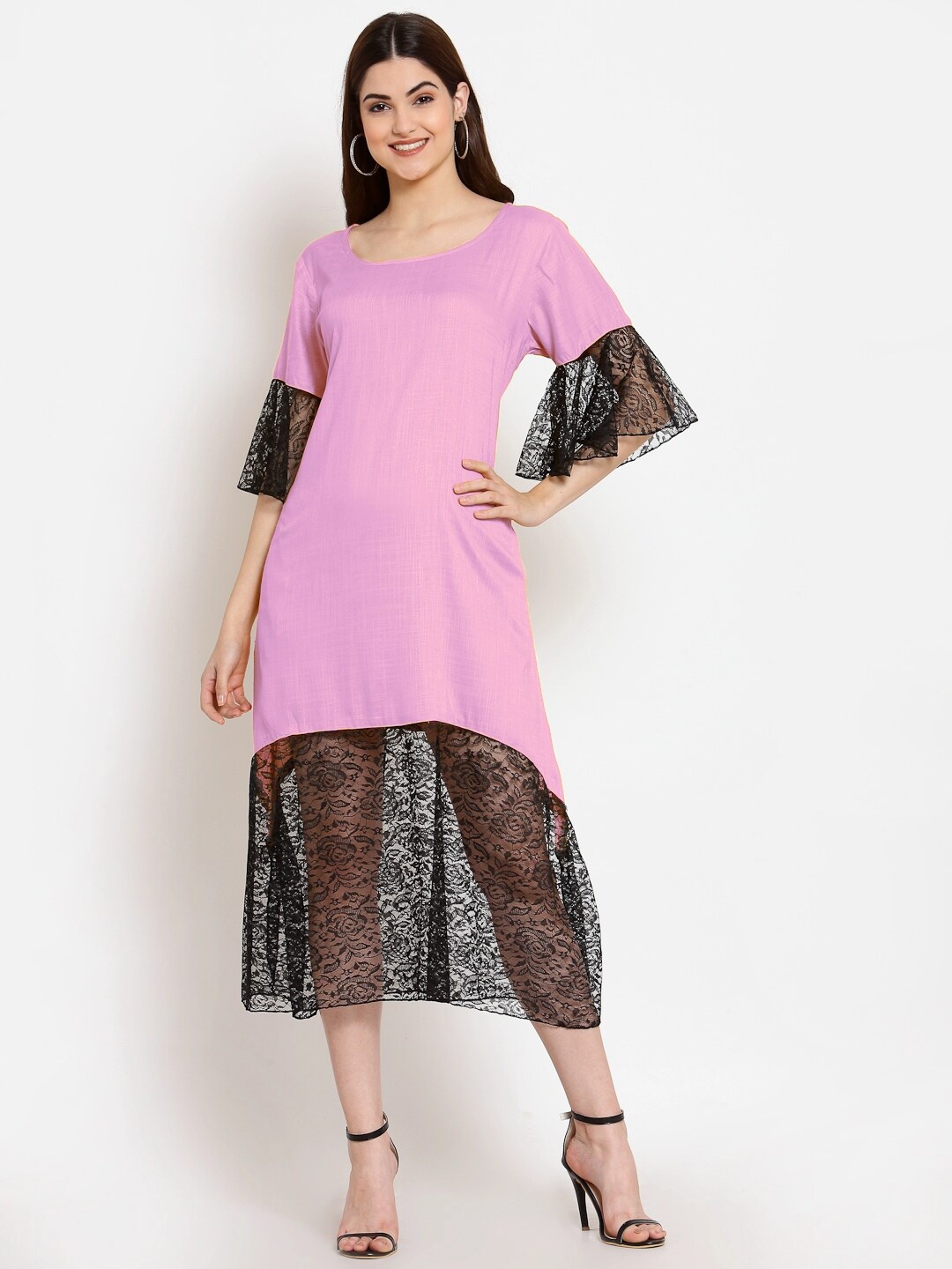 

PATRORNA Lace Bell Sleeve A-Line Midi Dress, Pink