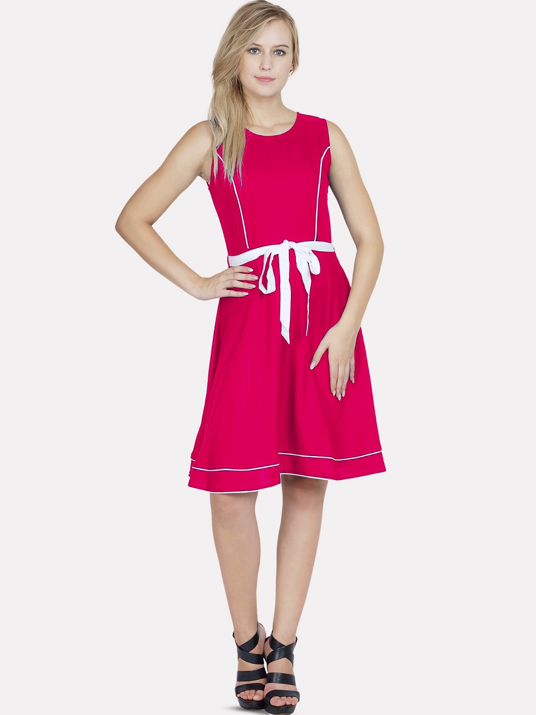 

PATRORNA Fit And Flare Dress With Belt, Pink
