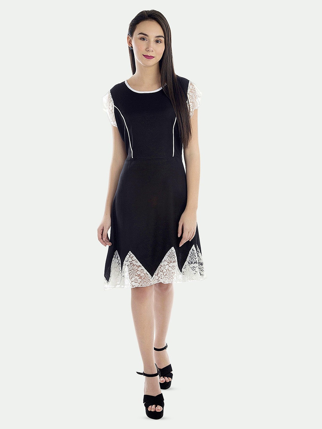 

PATRORNA Round Neck Lace Inserts Flutter Sleevesa Fit and Flare Dress, Black