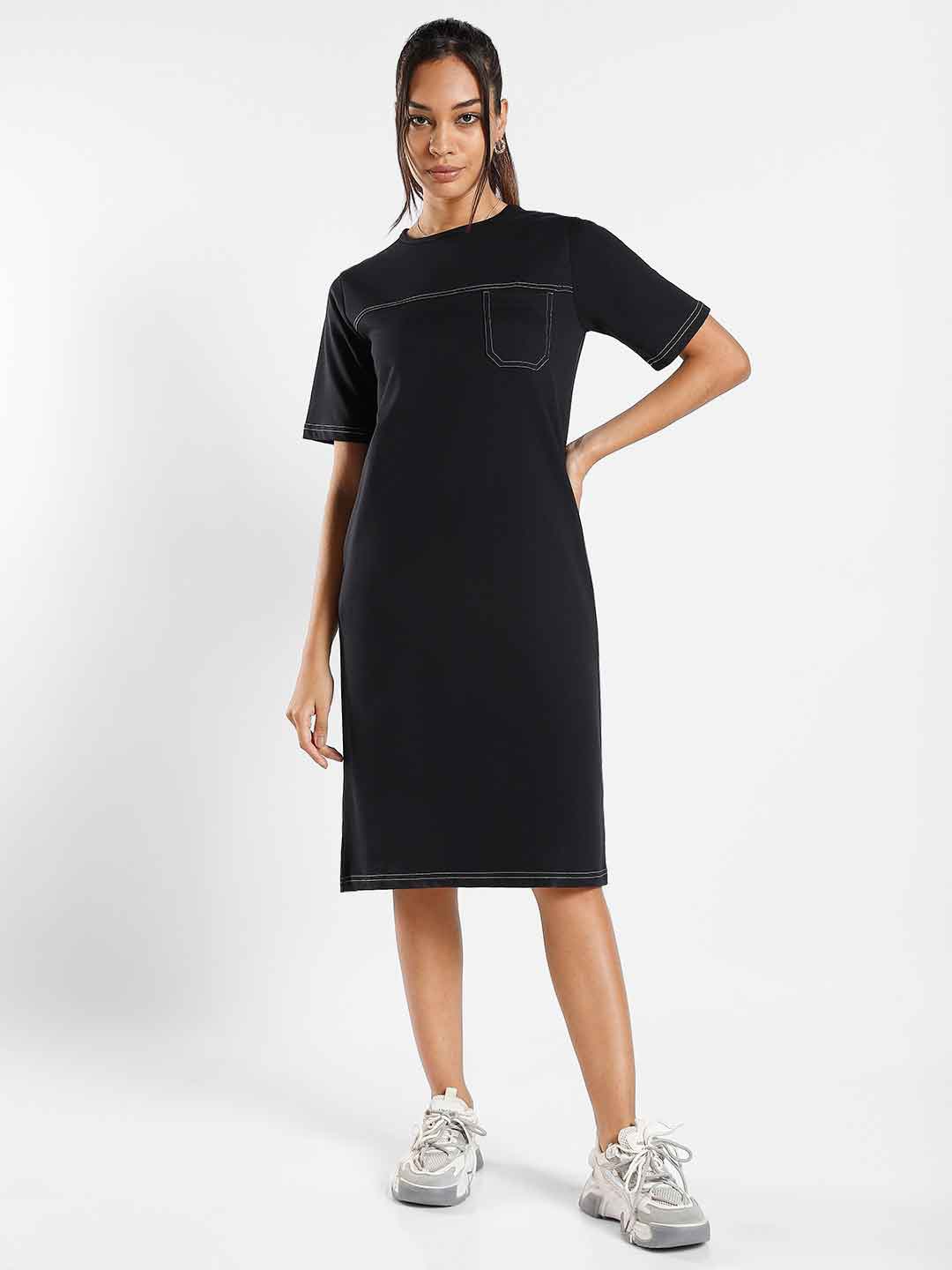 

NOBERO Round Neck T-Shirt Midi Dress, Black