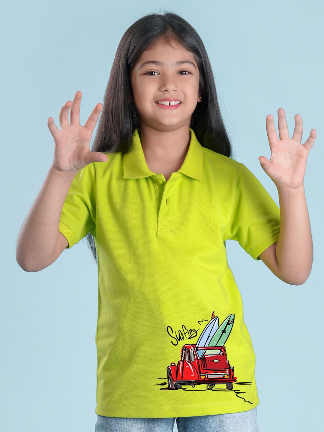 

NUSYL Girls Graphic Printed Polo Collar T-shirt, Green