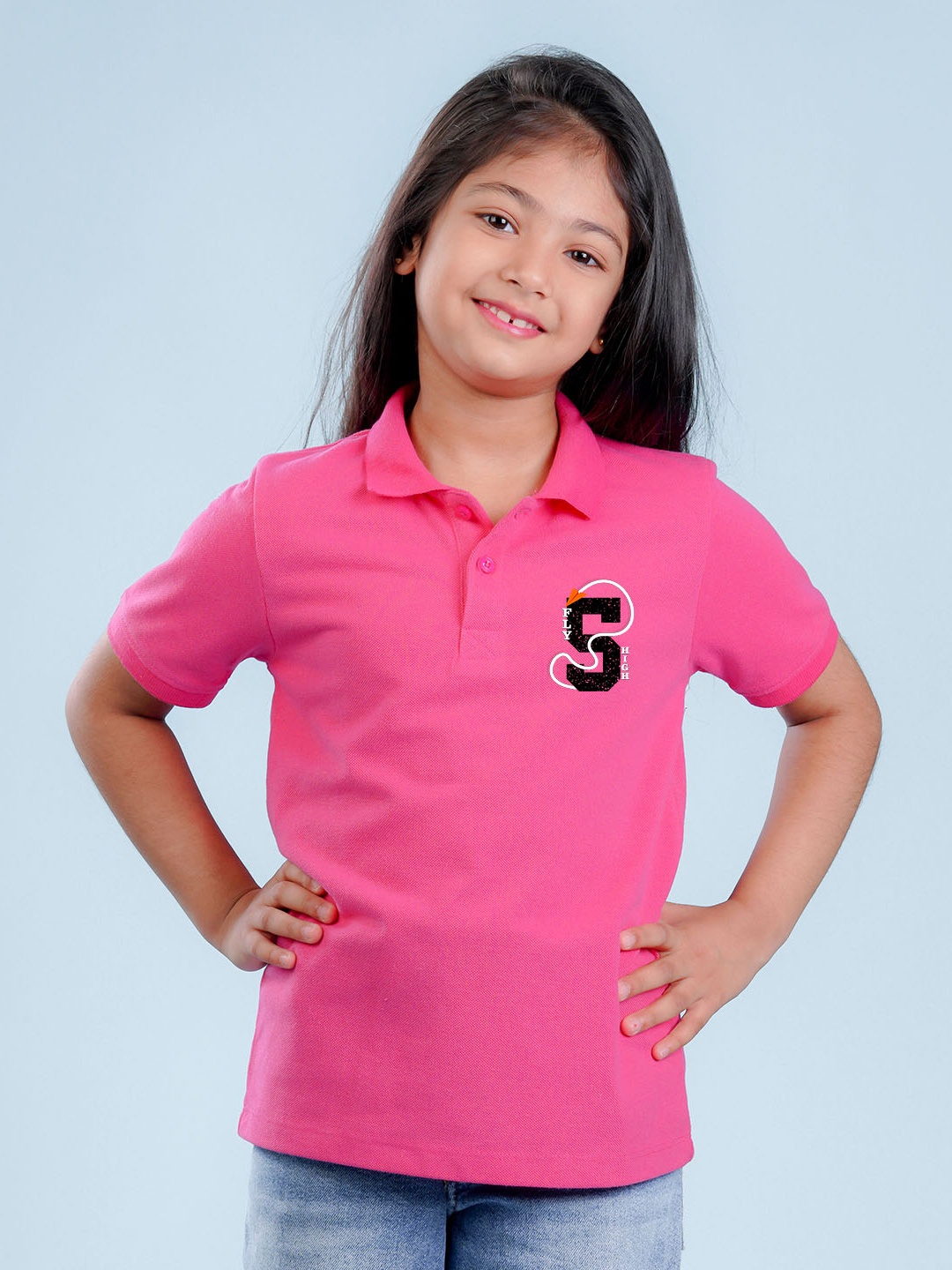 

NUSYL Girls Typography Printed Polo Collar Regular Fit T-shirt, Pink