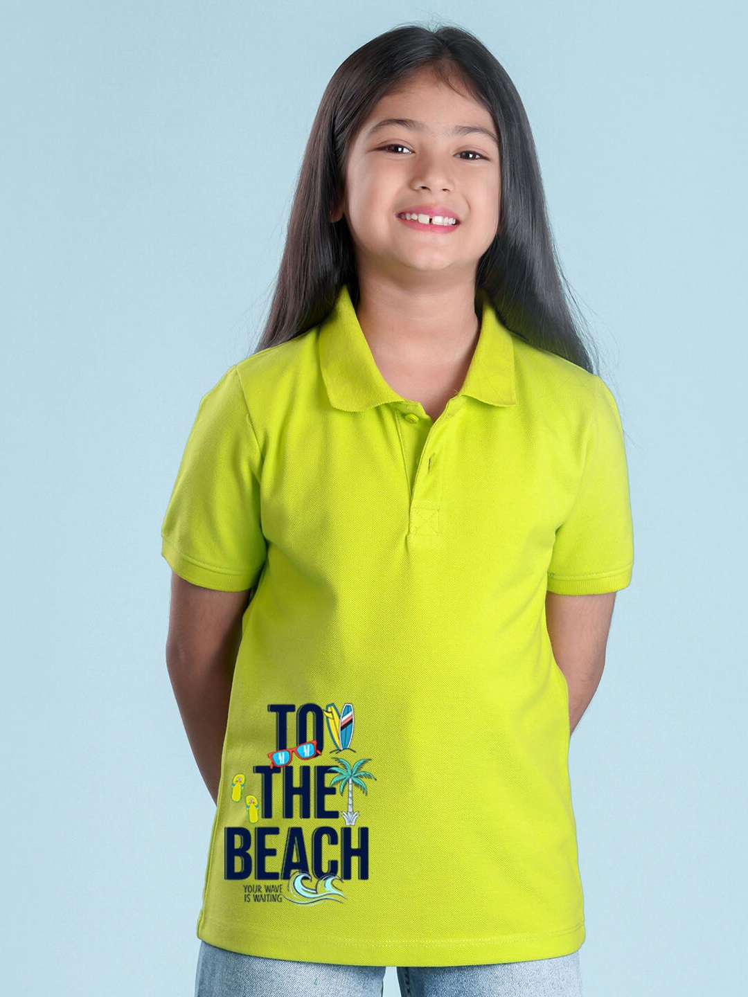 

NUSYL Girls Typography Printed Polo Collar Regular Fit T-shirt, Green