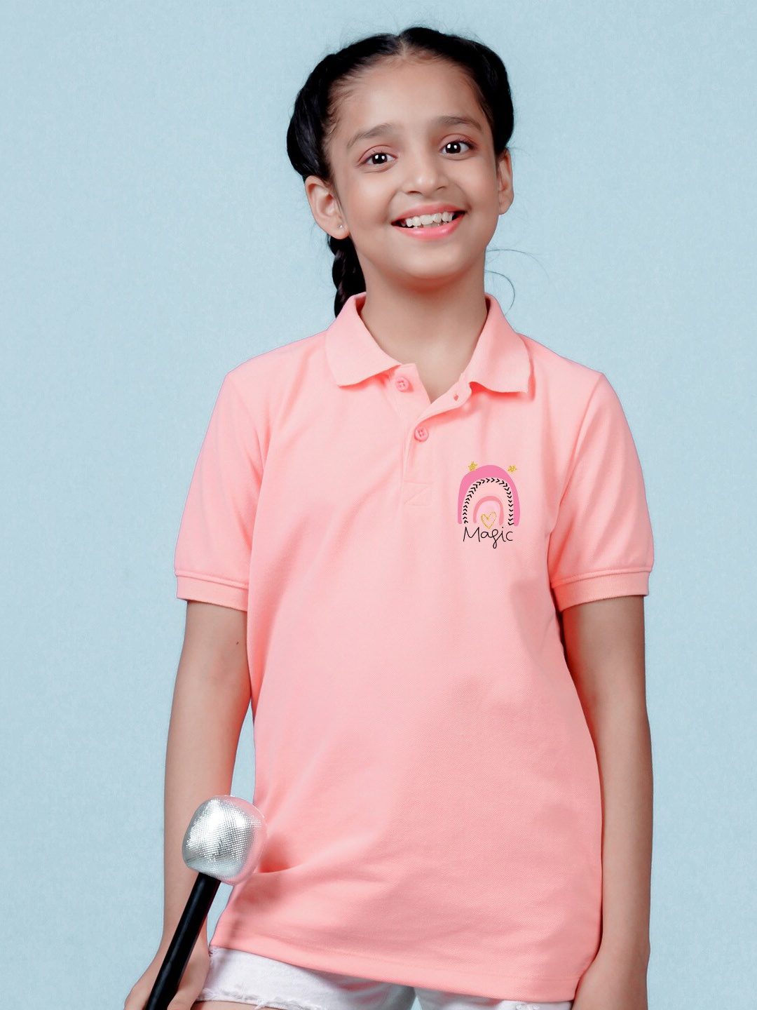 

NUSYL Girls Graphic Printed Polo Collar T-shirt, Peach
