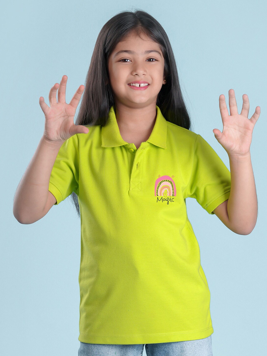 

NUSYL Girls Graphic Printed Polo Collar T-shirt, Green