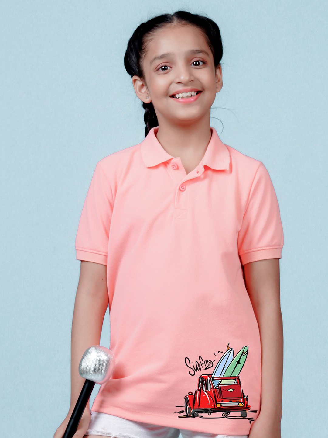 

NUSYL Girl Graphic Printed Polo Collar T-Shirt, Peach