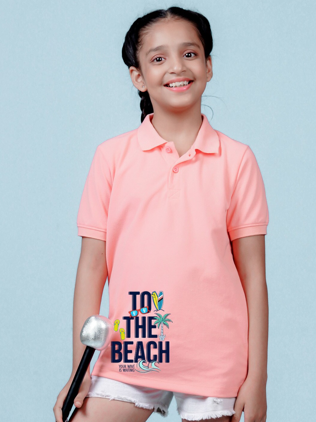 

NUSYL Girls Typography Printed Polo Collar Regular Fit T-shirt, Peach