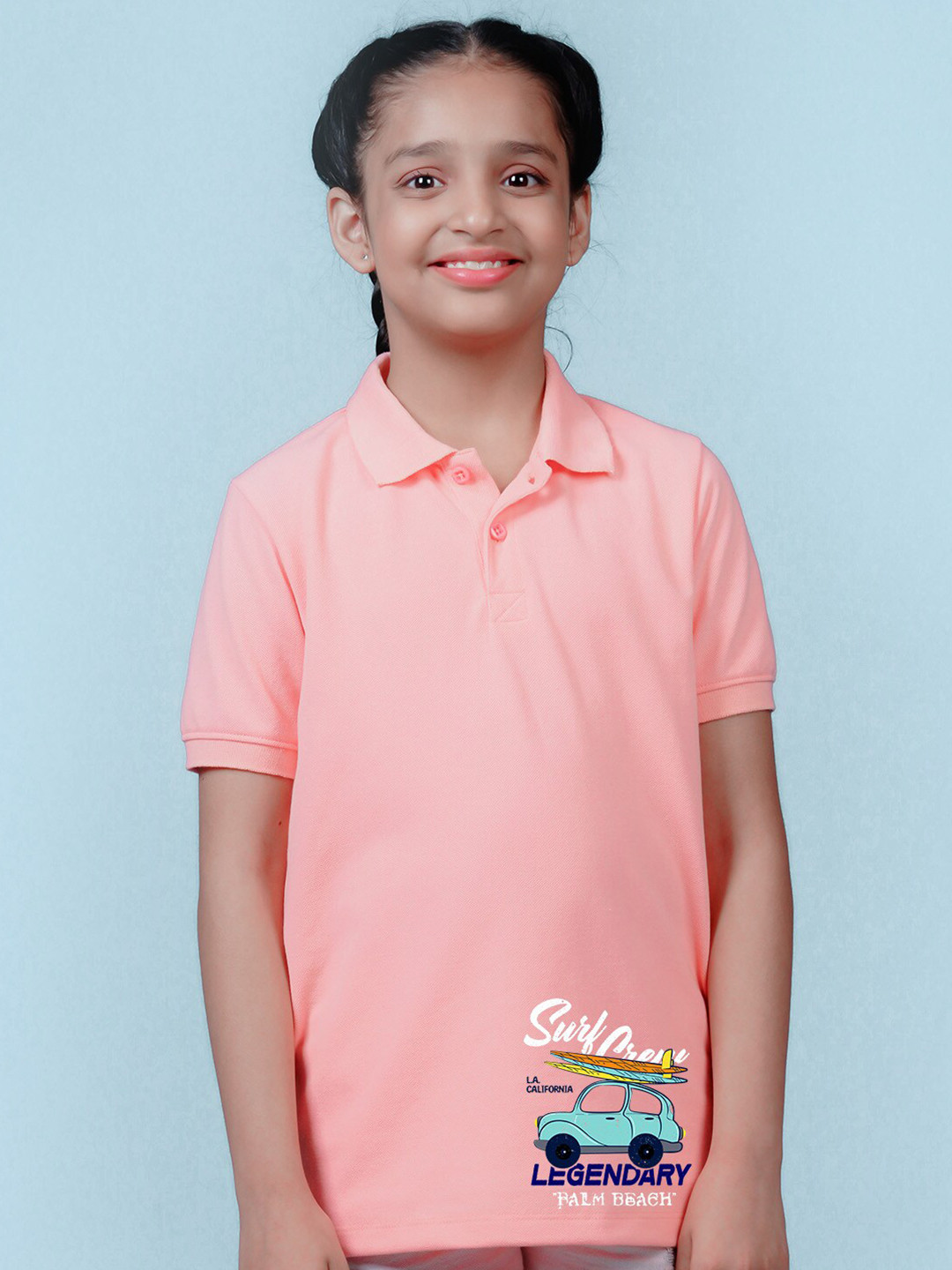 

NUSYL Girls Legendary Printed Polo Collar Regular Fit T-shirt, Peach