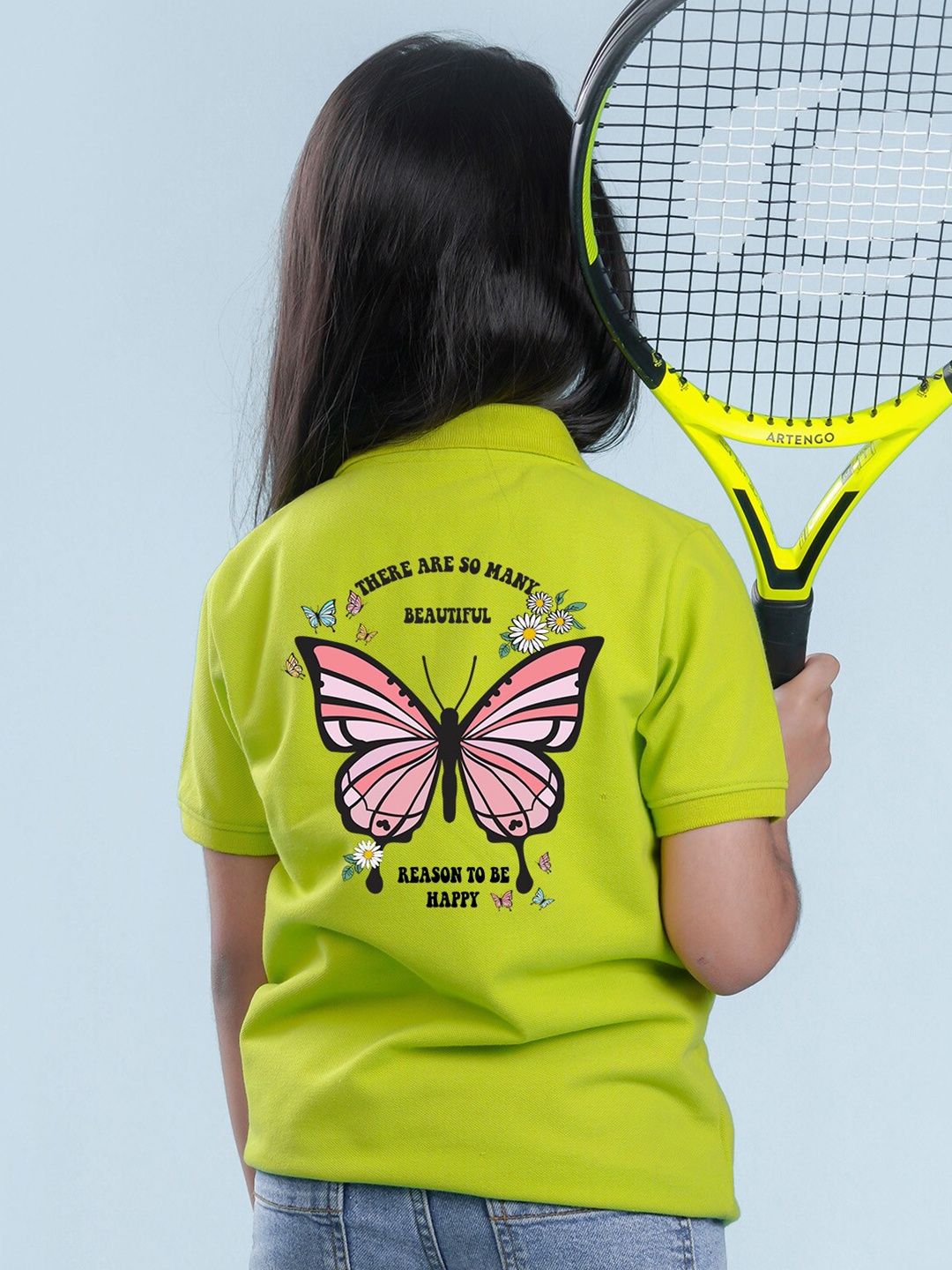 

NUSYL Girls Butterfly Printed Polo Collar Regular Fit T-shirt, Green