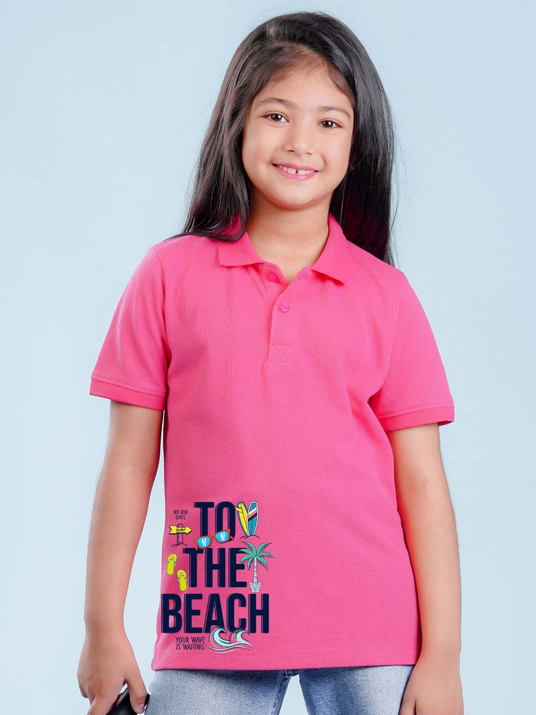 

NUSYL Girls Typography Printed Polo Collar T-shirt, Pink