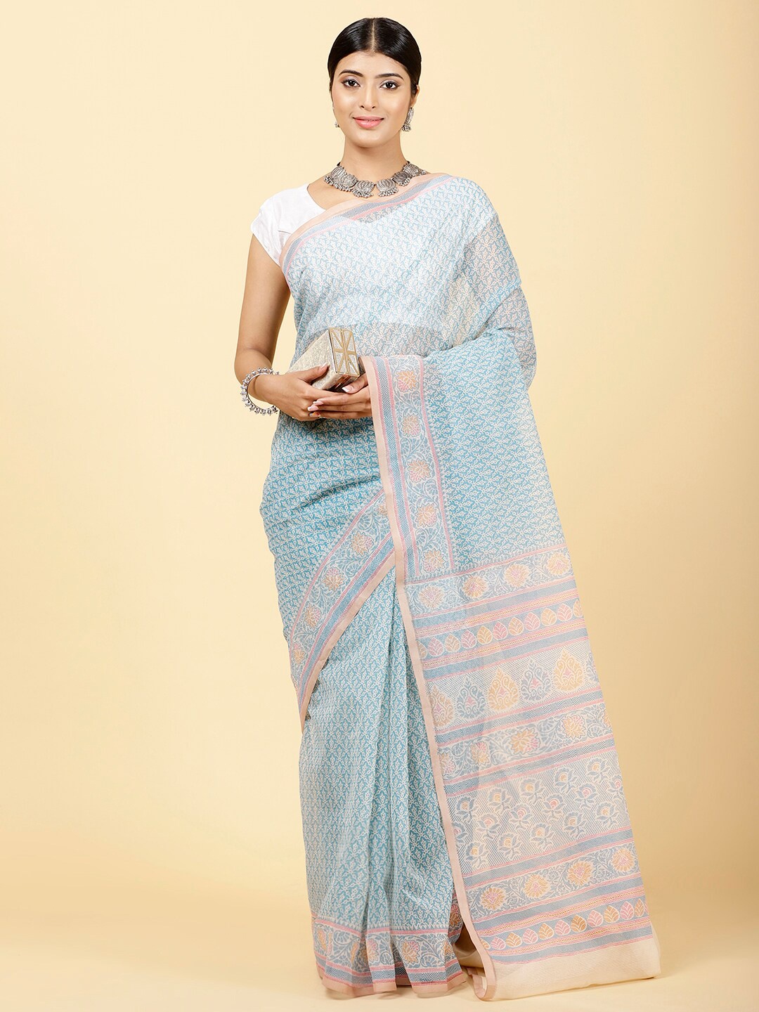 

Meena Bazaar Floral Printed Art Silk Saree, Blue