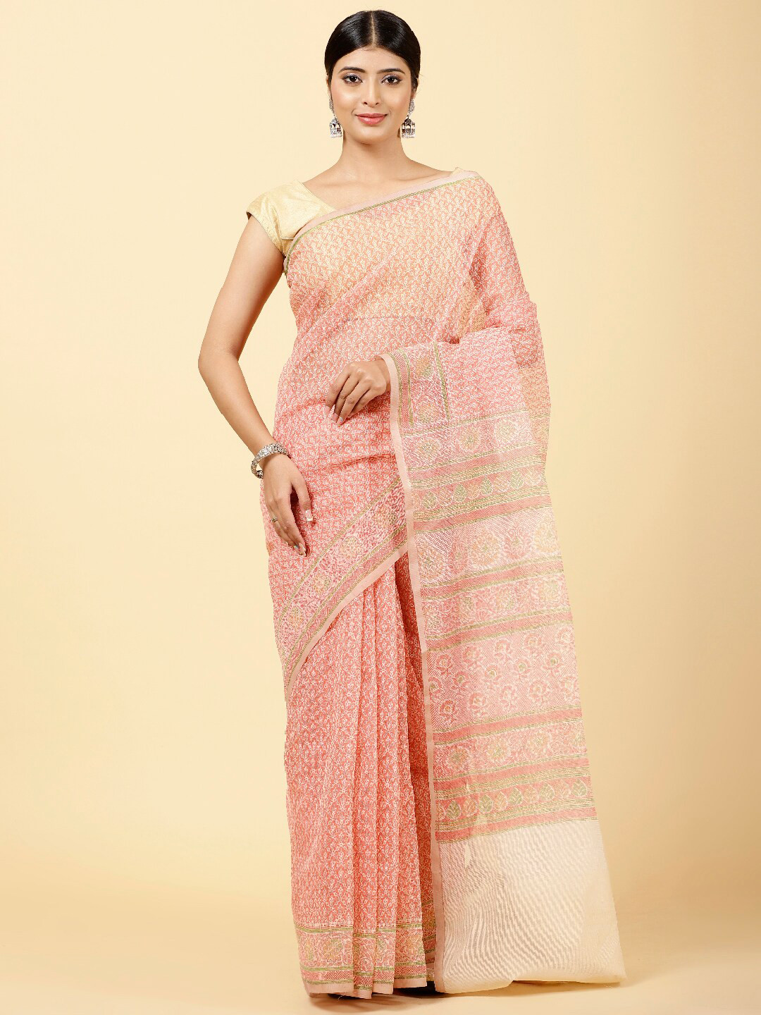 

Meena Bazaar Floral Printed Art Silk Saree, Peach