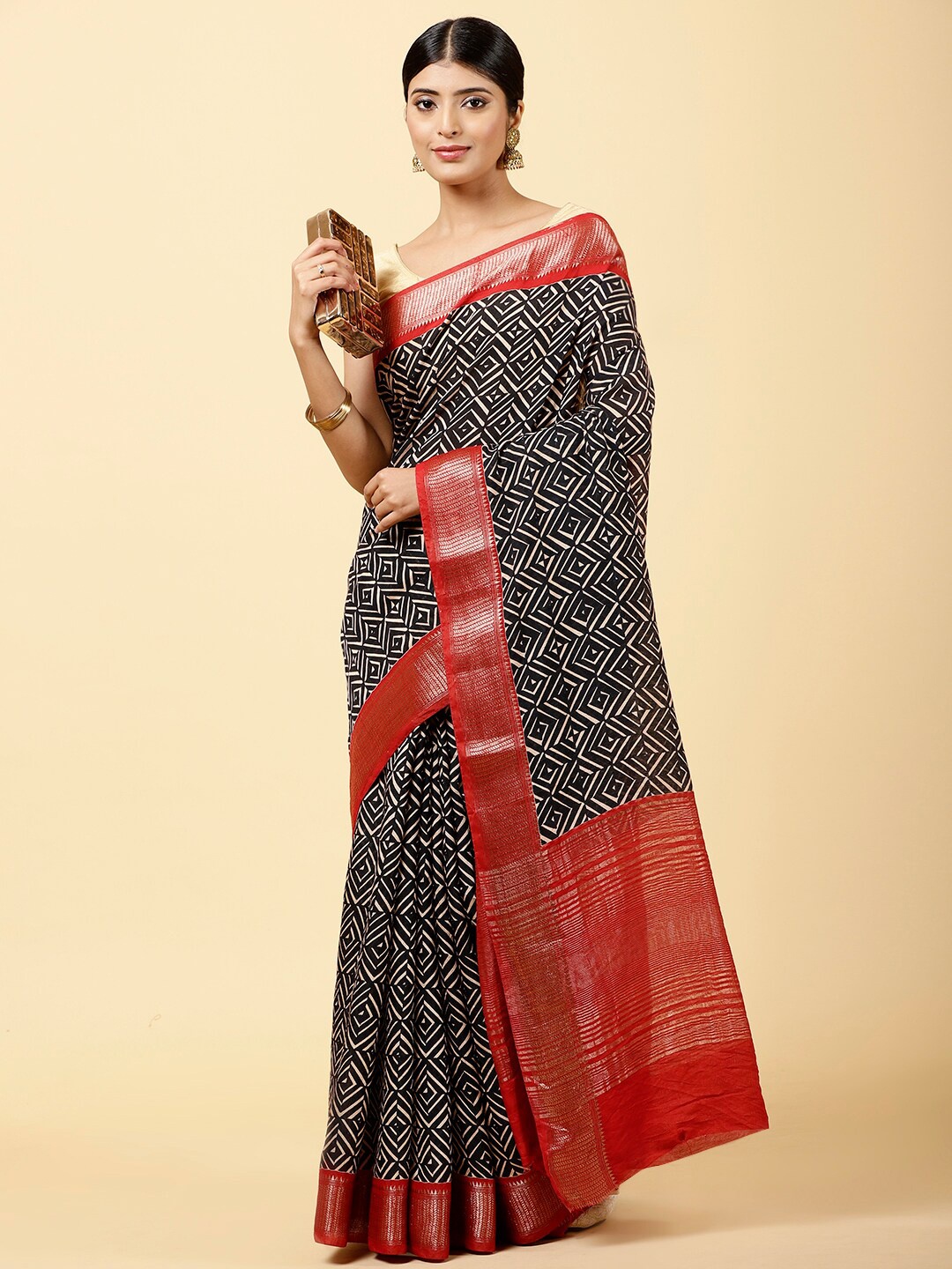 

Meena Bazaar Geometric Printed Zari Art Silk Saree, Black