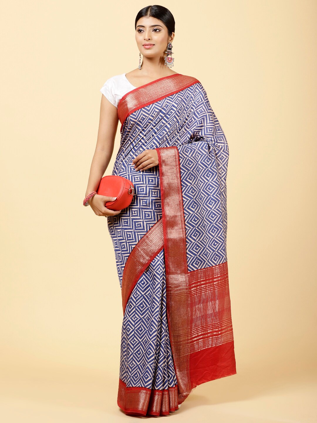 

Meena Bazaar Geometric Printed Zari Art Silk Saree, Blue
