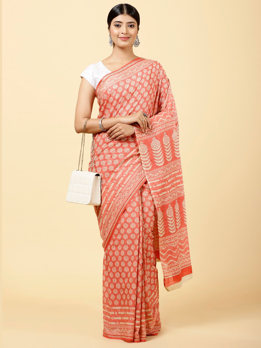 

Meena Bazaar Ethnic Motifs Printed Art Silk Saree, Coral