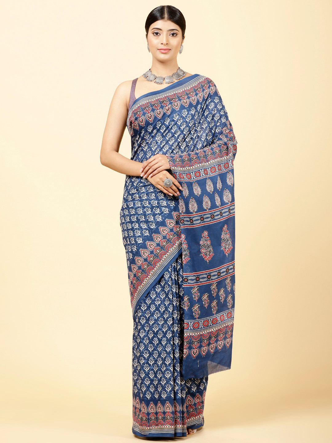 

Meena Bazaar Ethnic Motifs Printed Art Silk Saree, Blue