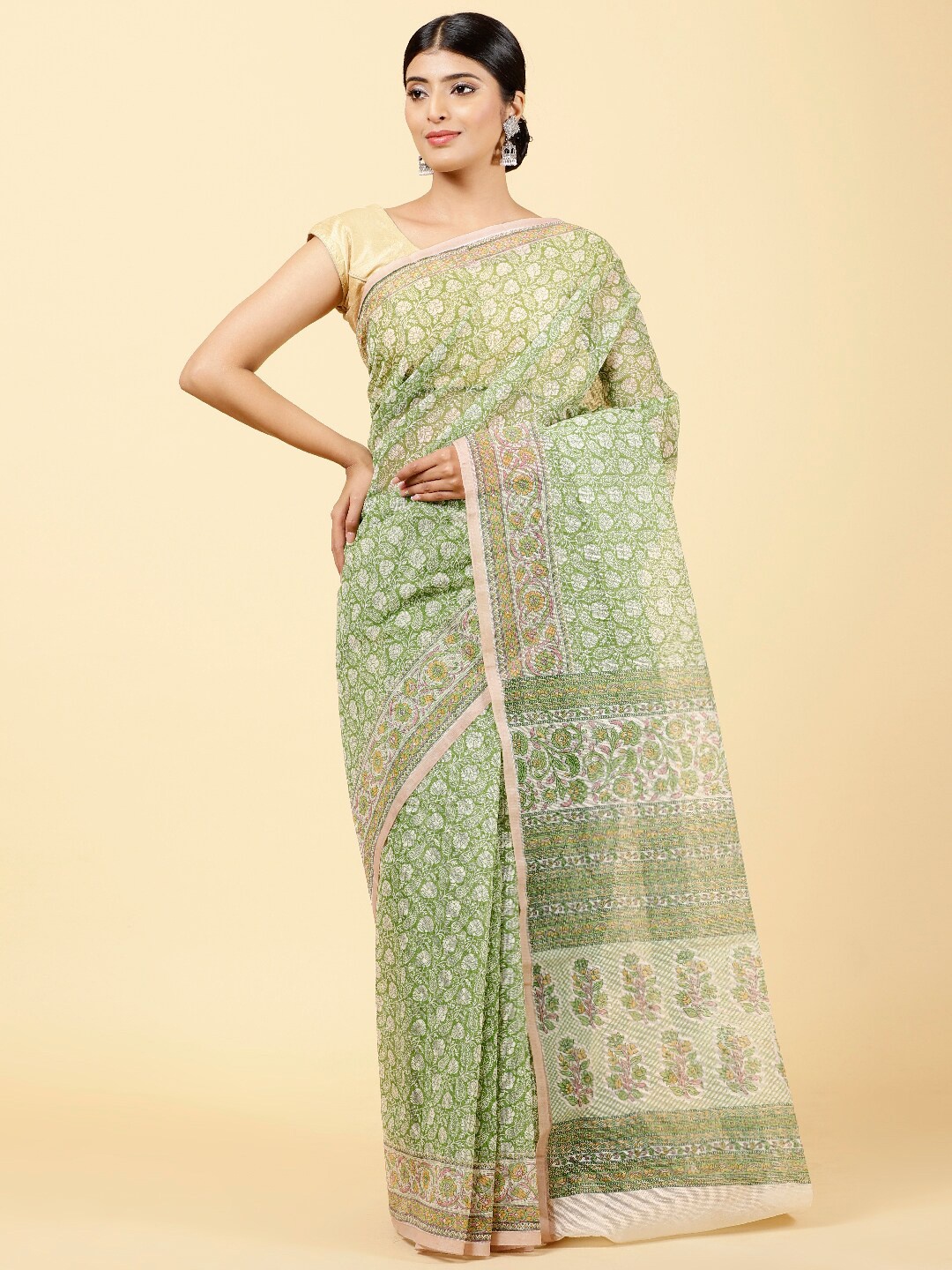 

Meena Bazaar Ethnic Motifs Printed Art Silk Saree, Green