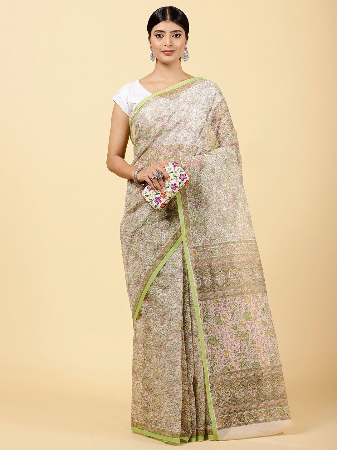

Meena Bazaar Floral Printed Art Silk Saree, Green