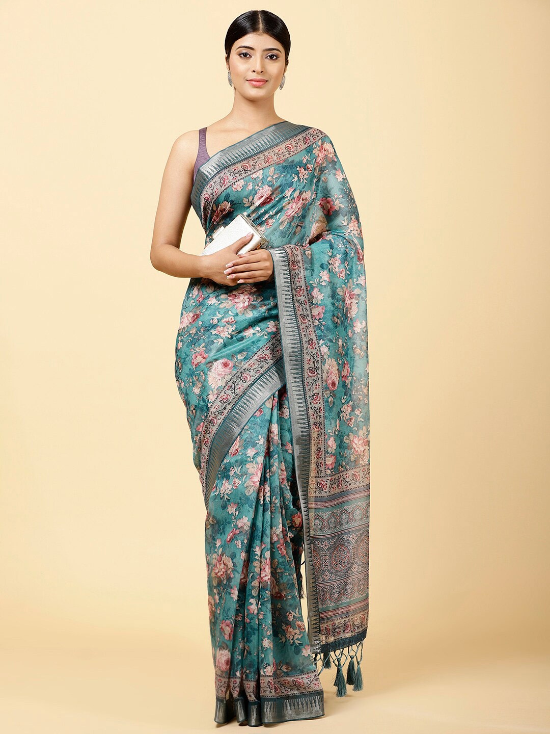 

Meena Bazaar Floral Printed Art Silk Saree, Rust