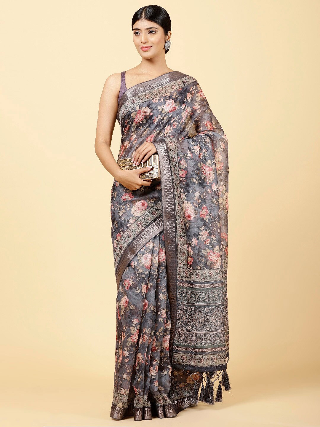

Meena Bazaar Floral Printed Art Silk Saree, Grey