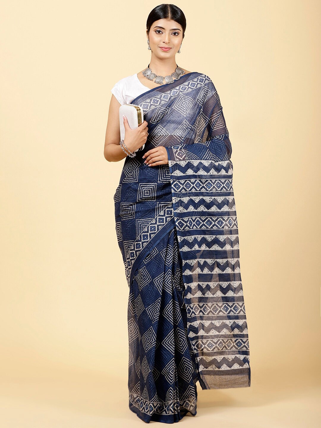 

Meena Bazaar Geometric Printed Art Silk Saree, Blue