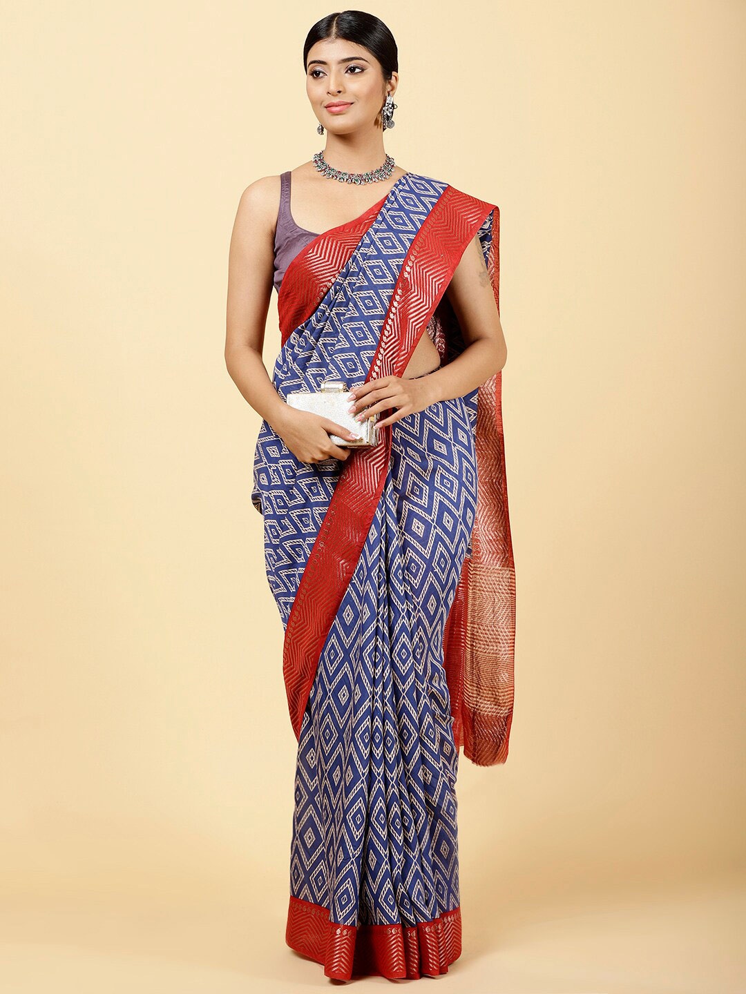 

Meena Bazaar Geometric Printed Art Silk Saree, Blue