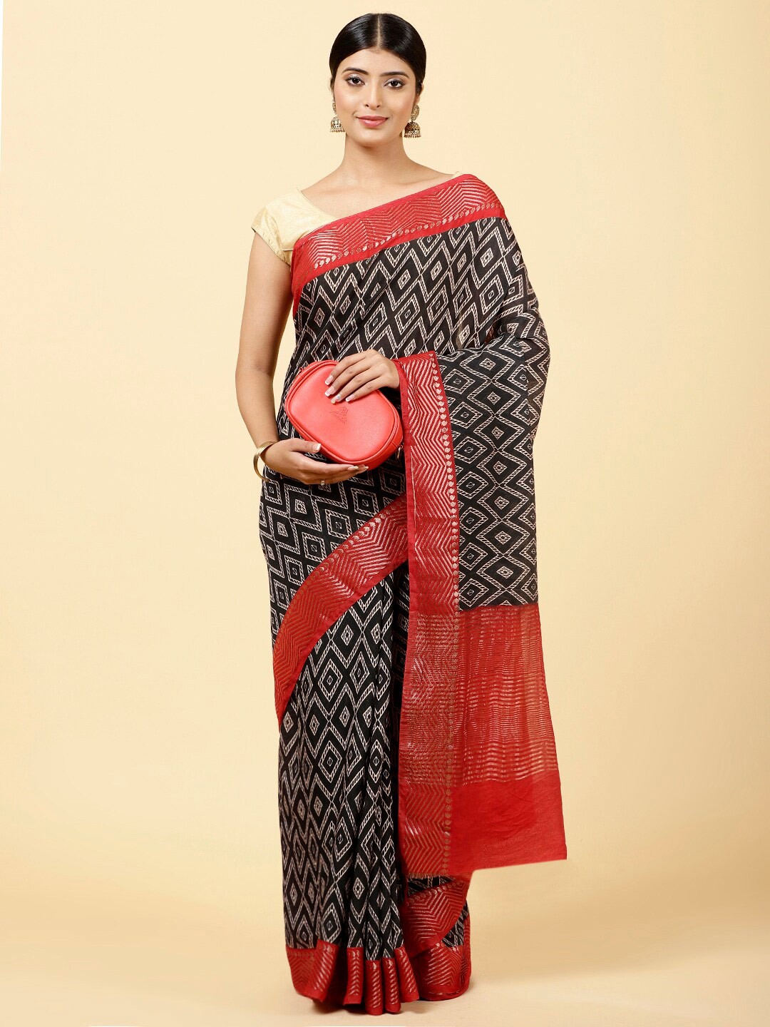 

Meena Bazaar Geometric Printed Art Silk Saree, Black
