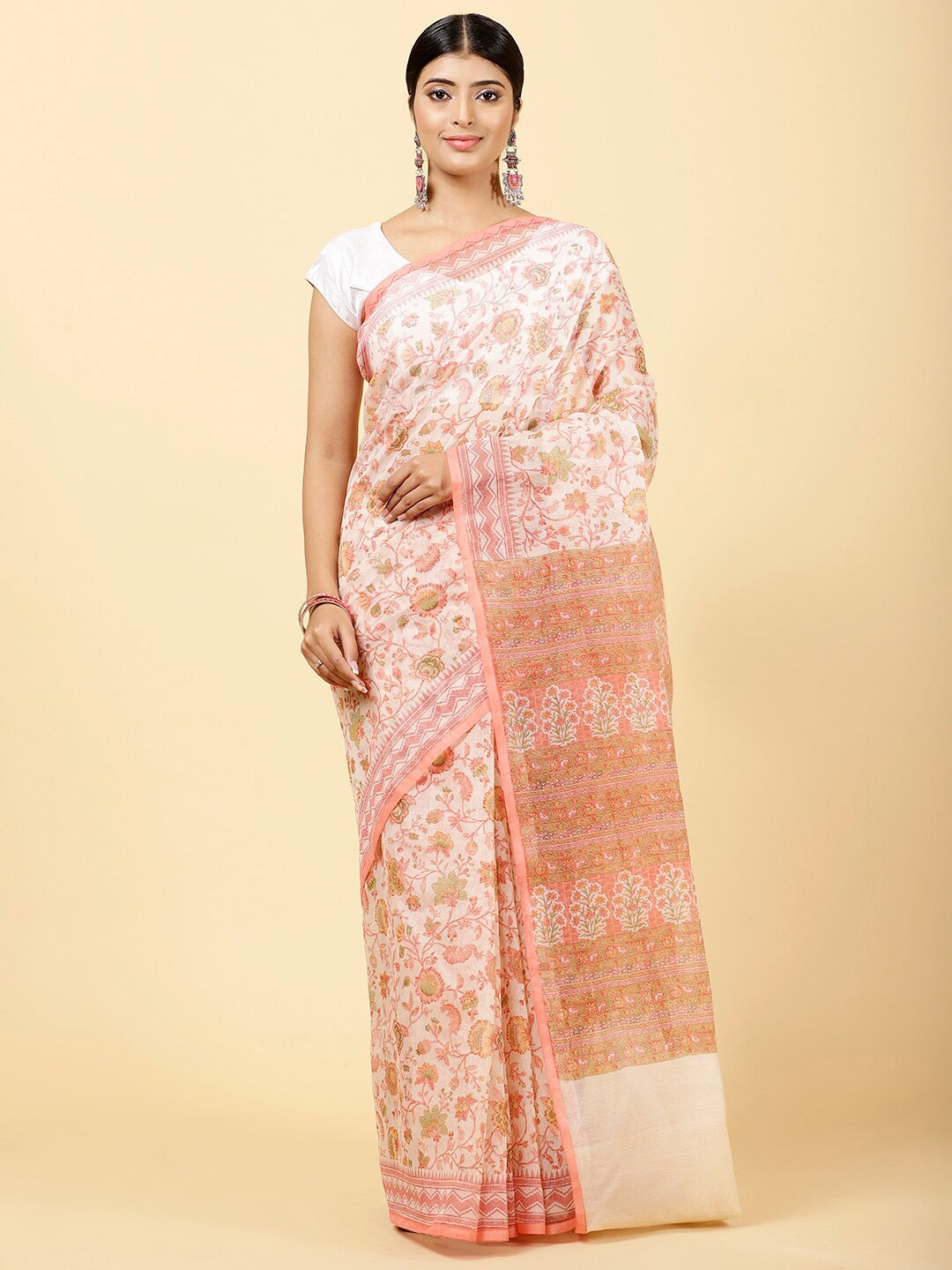 

Meena Bazaar Floral Printed Art Silk Saree, Peach