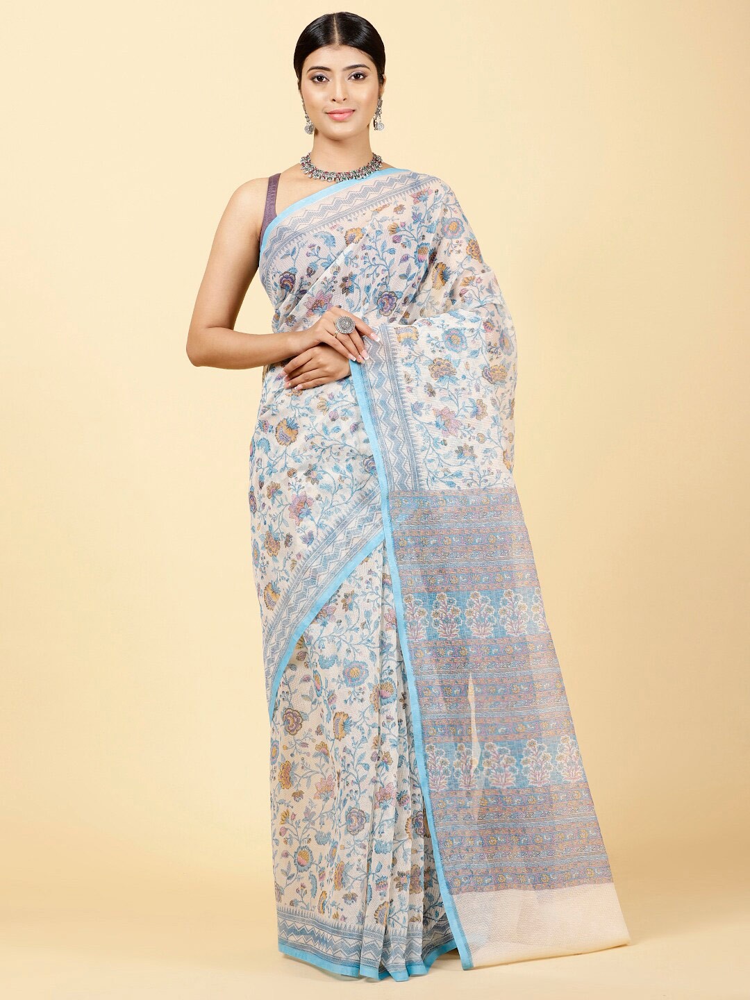 

Meena Bazaar Floral Printed Art Silk Saree, Blue