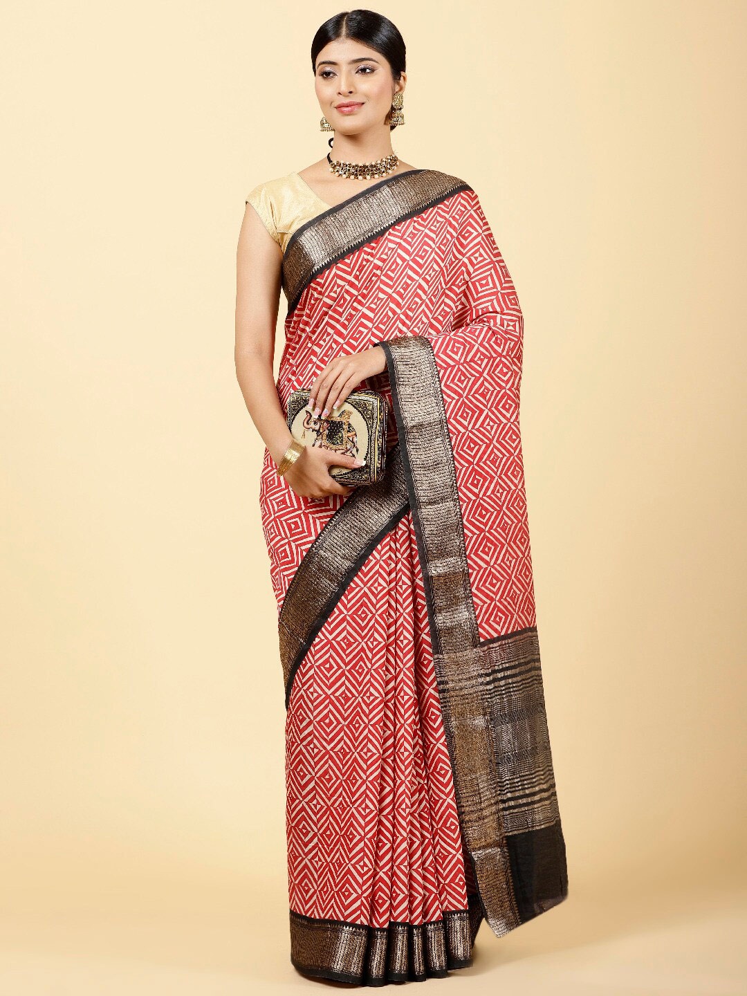 

Meena Bazaar Geometric Printed Art Silk Saree, Maroon