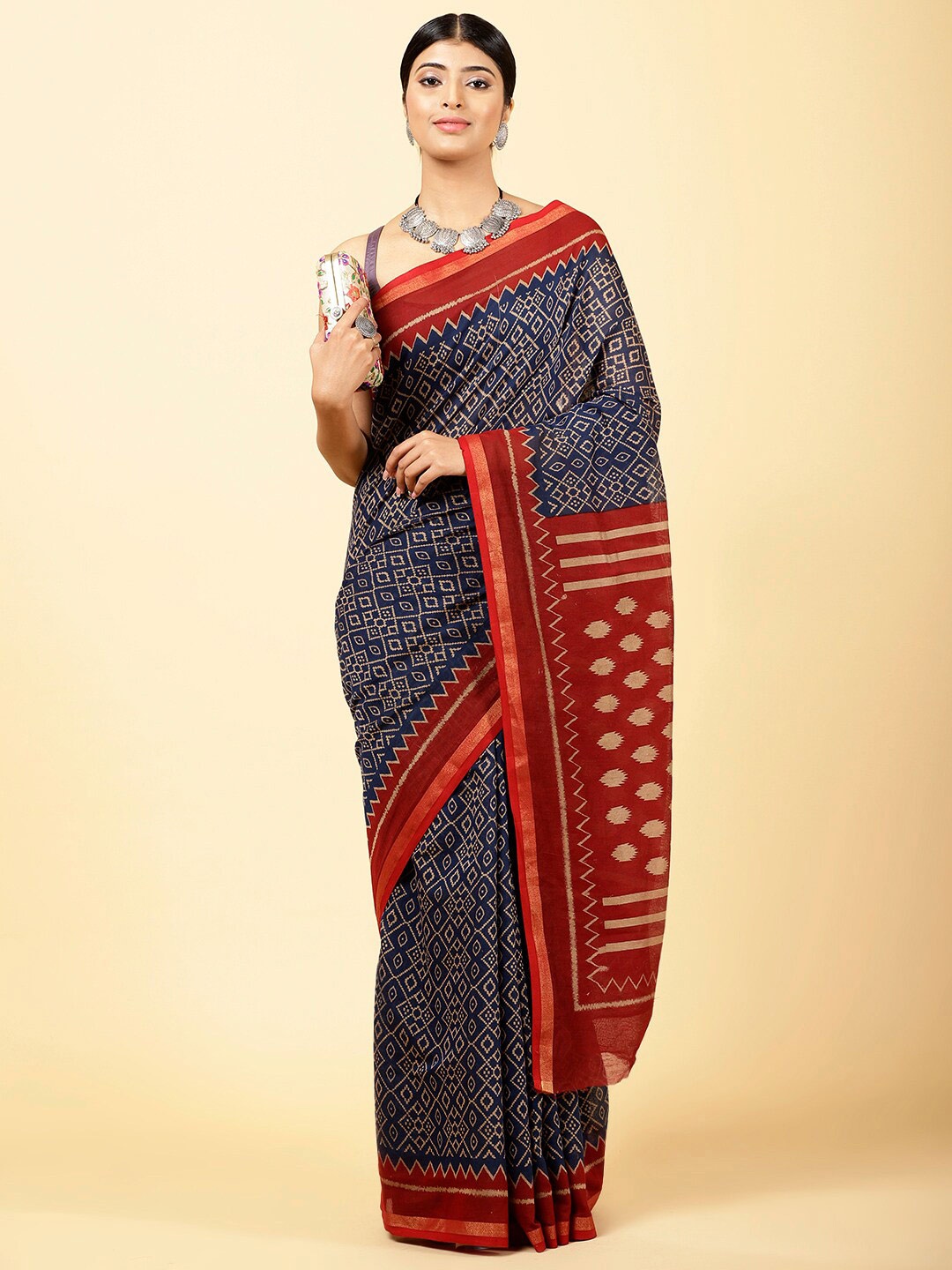 

Meena Bazaar Geometric Printed Art Silk Saree, Blue