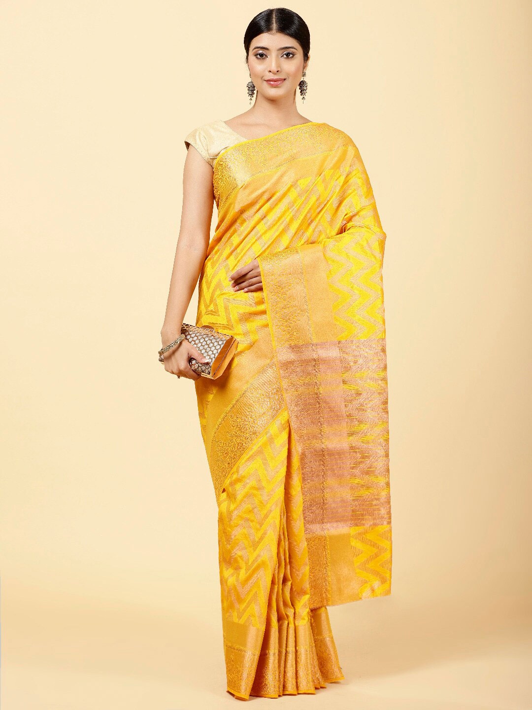 

Meena Bazaar Geometric Woven Design Printed Art Silk Saree, Mustard