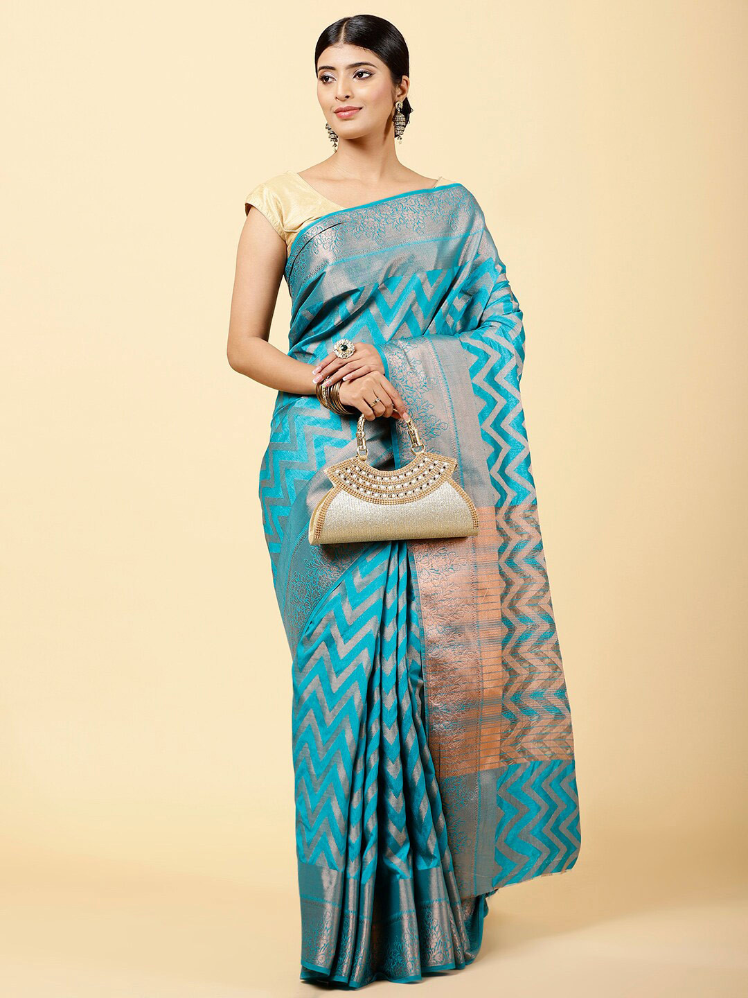 

Meena Bazaar Geometric Woven Design Printed Art Silk Saree, Blue