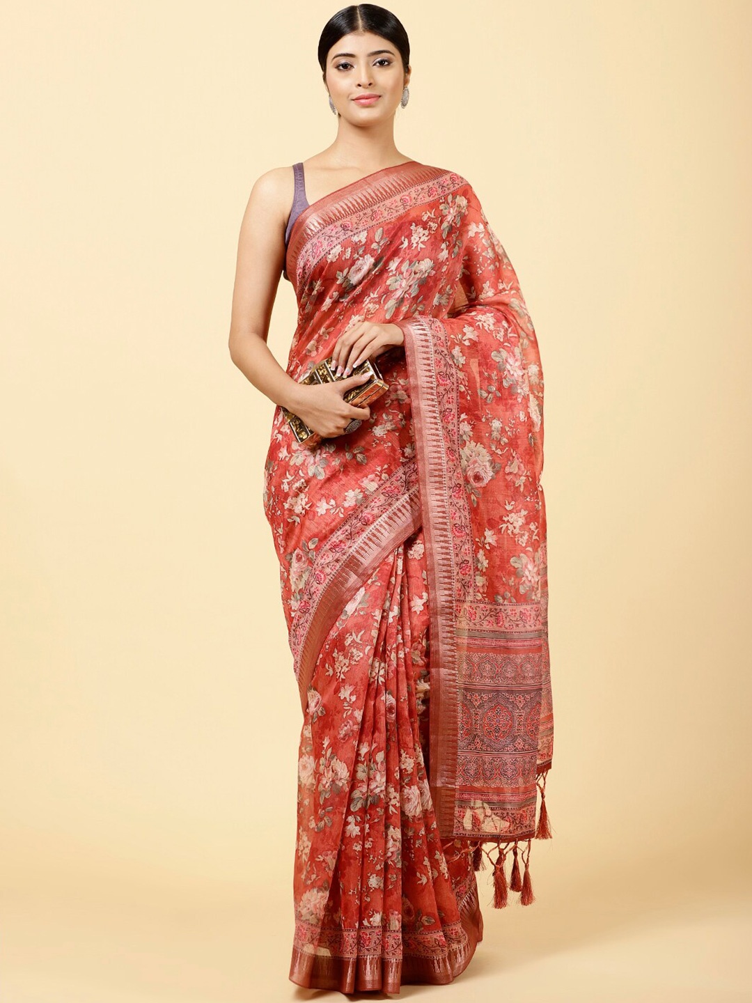 

Meena Bazaar Floral Printed Art Silk Saree, Red
