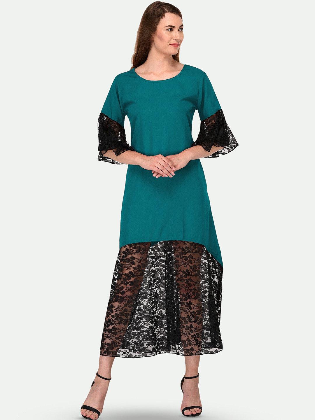 

PATRORNA Lace Bell Sleeve A-Line Midi Dress, Teal