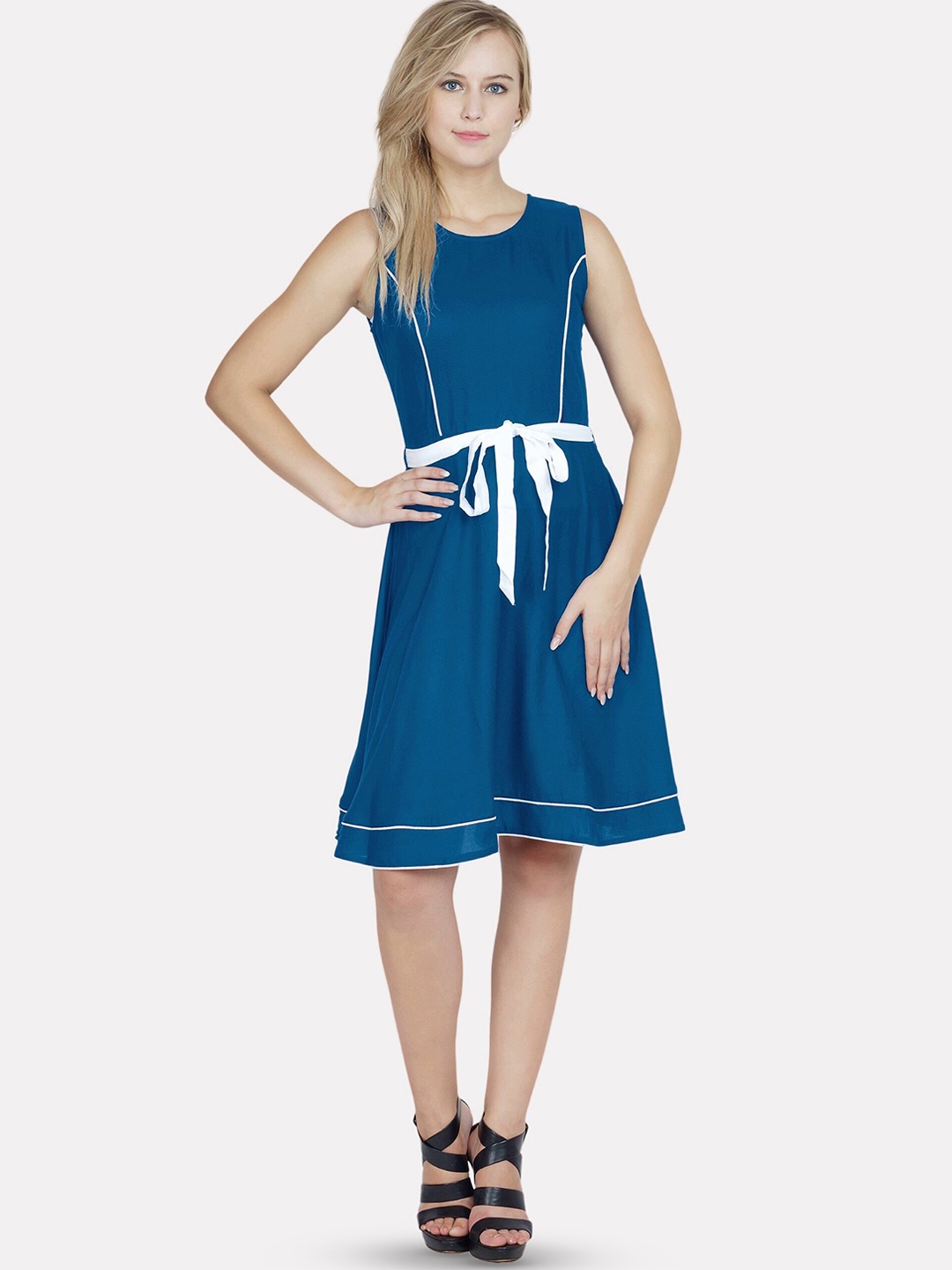 

PATRORNA Round Neck A-Line Cotton Dress, Blue