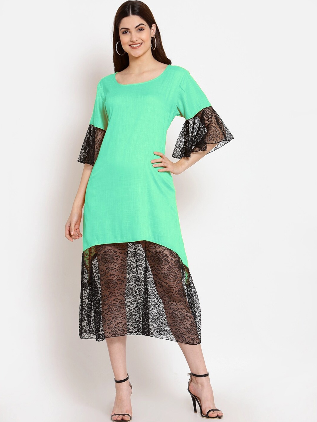 

PATRORNA Floral Bell Sleeve Lace Bodycon Midi Dress, Teal