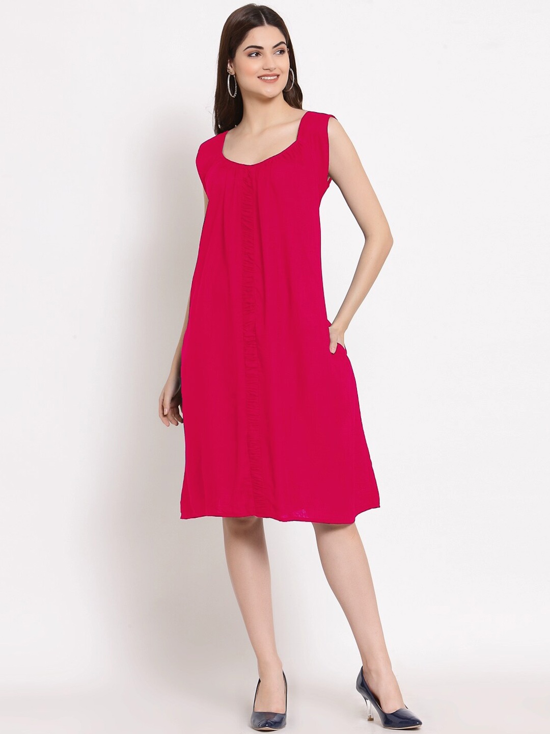 

PATRORNA Square Neck Sleeveless Cotton A-Line Dress, Pink