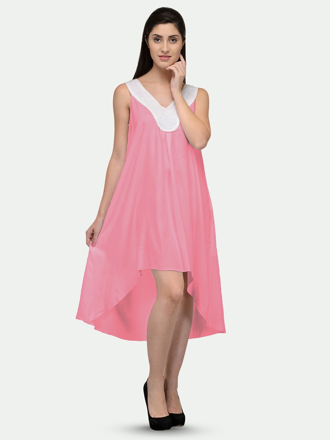 

PATRORNA Lace Inserted Gathered High Low A-Line Dress, Pink