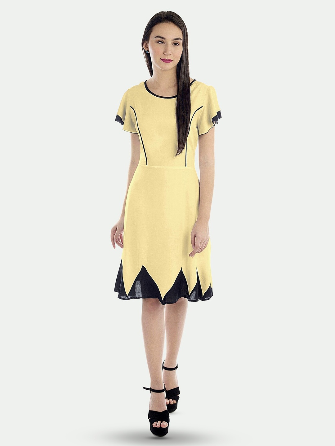 

PATRORNA Flutter Sleeves Panelled Fit & Flare Dress, Yellow