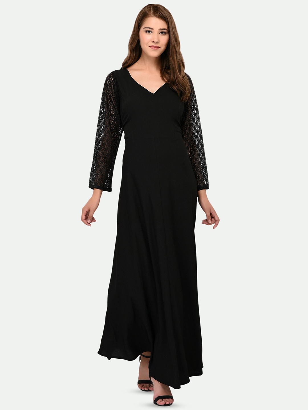 

PATRORNA V-Neck Lace Inserts Maxi Dress, Black