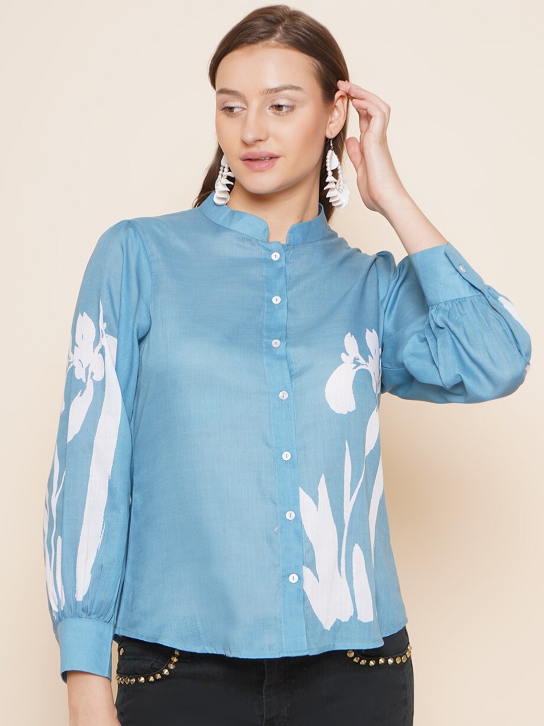 

Bhama Couture Floral Printed Mandarin Collar Cotton Shirt Style Top, Blue