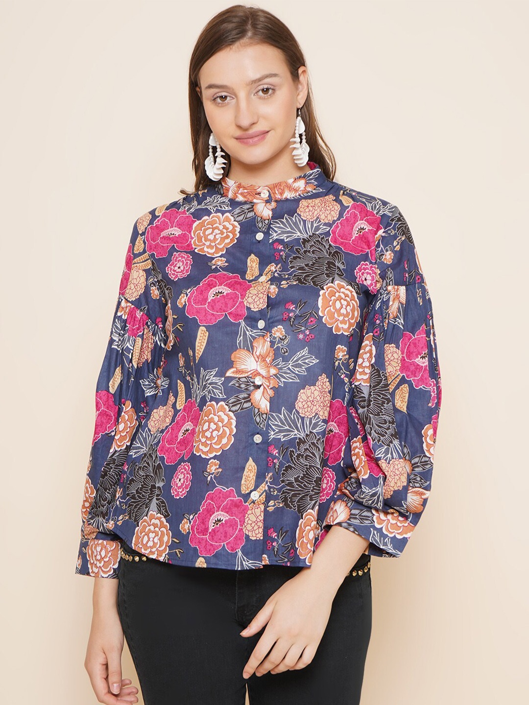 

Bhama Couture Floral Printed Band Collar Cotton Shirt Style Top, Blue