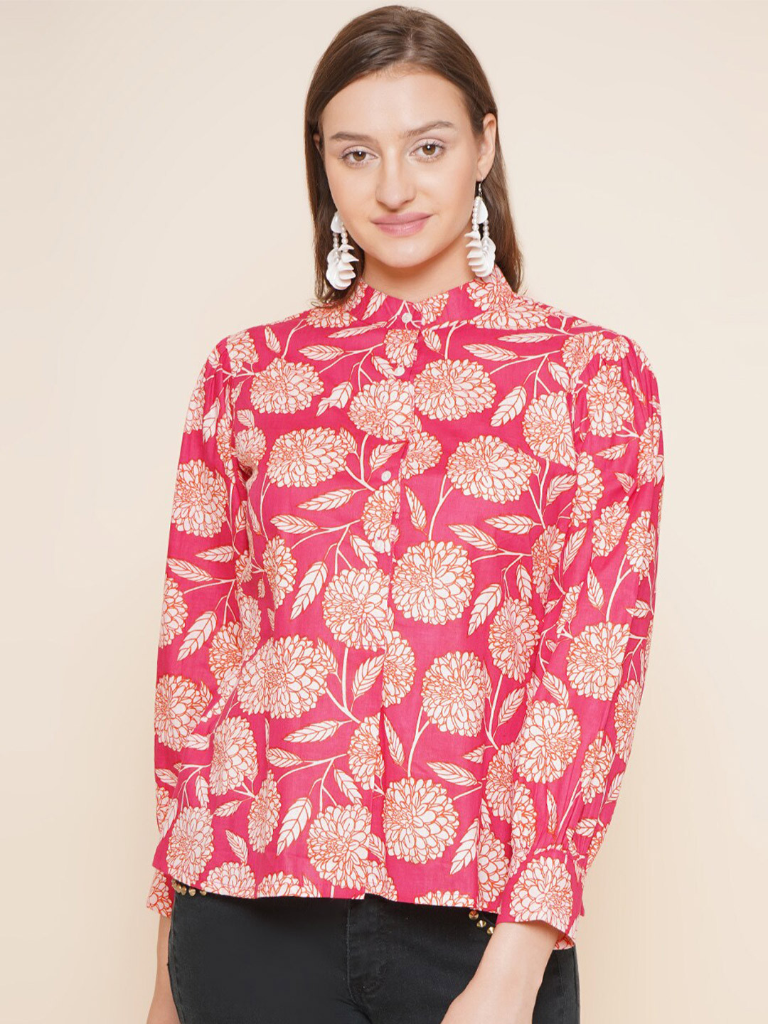 

Bhama Couture Floral Printed Band Collar Cotton Casual Shirt, Pink