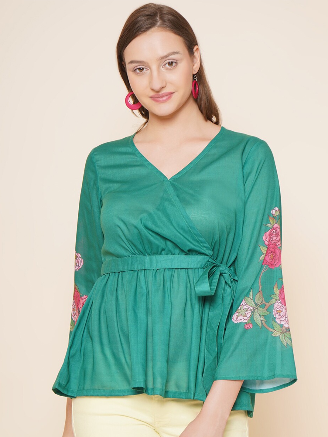 

Bhama Couture Floral Printed V-Neck Flared Sleeves Cotton Wrap Top, Green