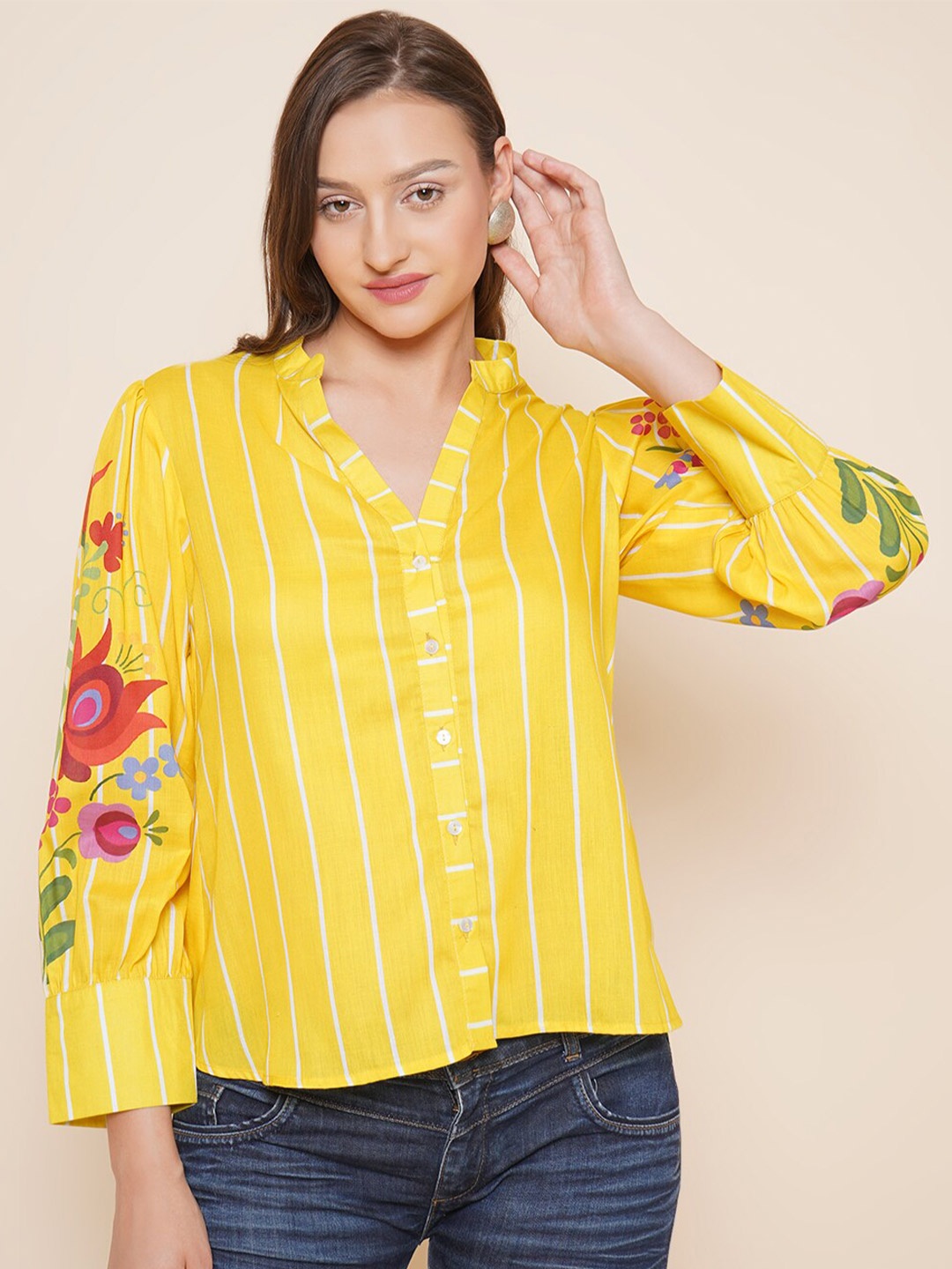 

Bhama Couture Striped Mandarin Collar Cotton Shirt Style Top, Yellow