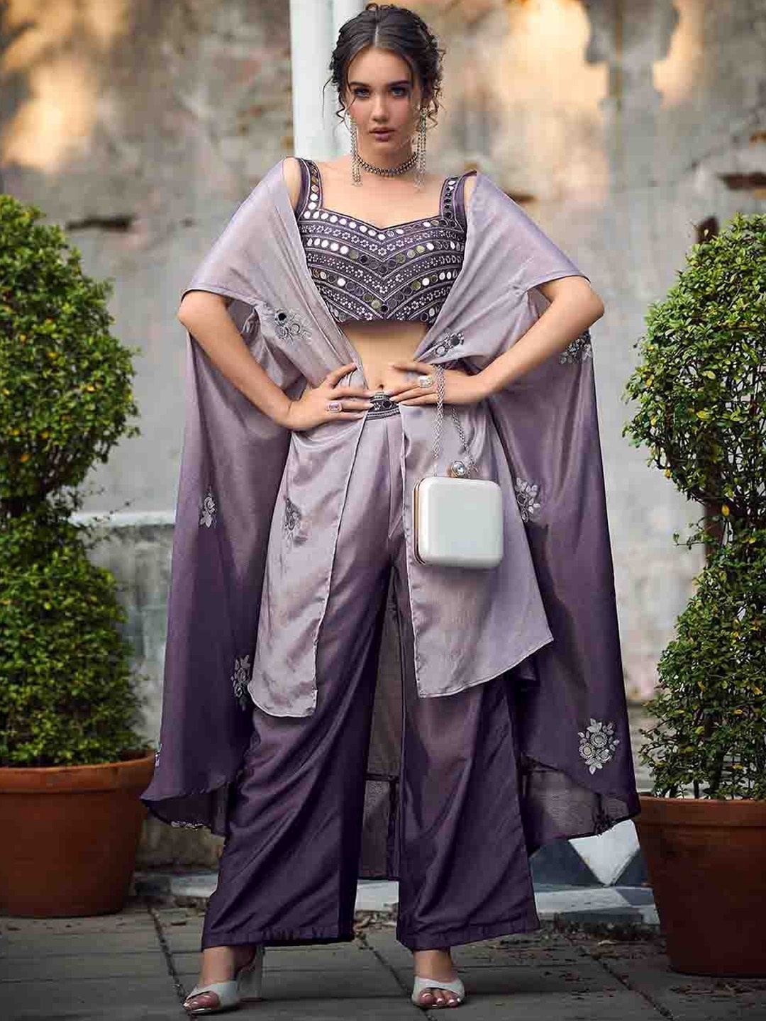 

Mitera Grey & Purple Embroidered Ethnic Top & Palazzo With Shrug